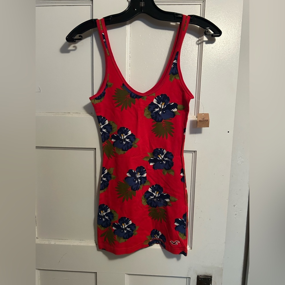 Hollister Red tank topwith Blue and Green Floral Design